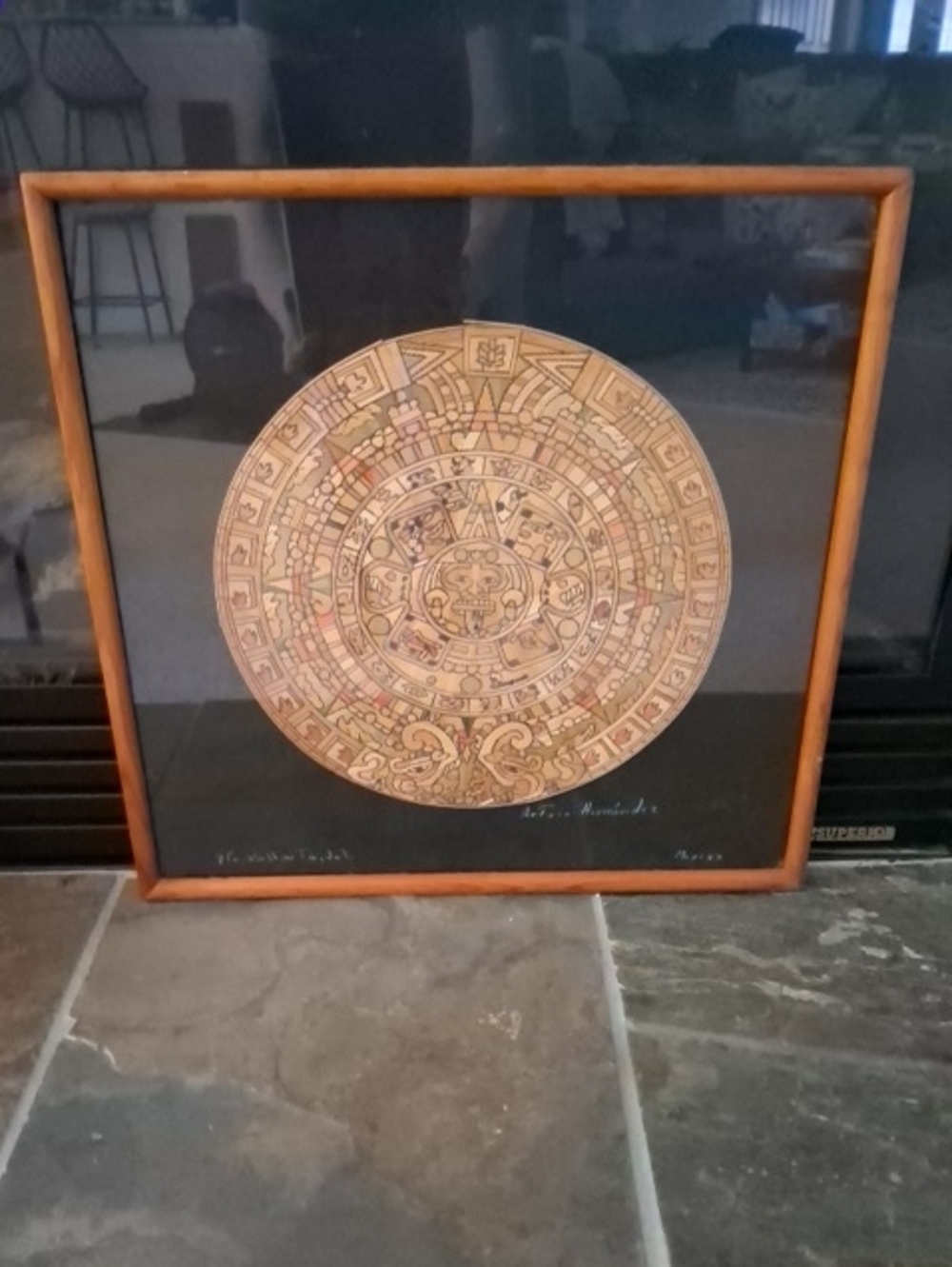 Aztec Mayan Framed Inlaid Mosaic Wood Calendar ~ Hanging Mexico Wall Art. Signed